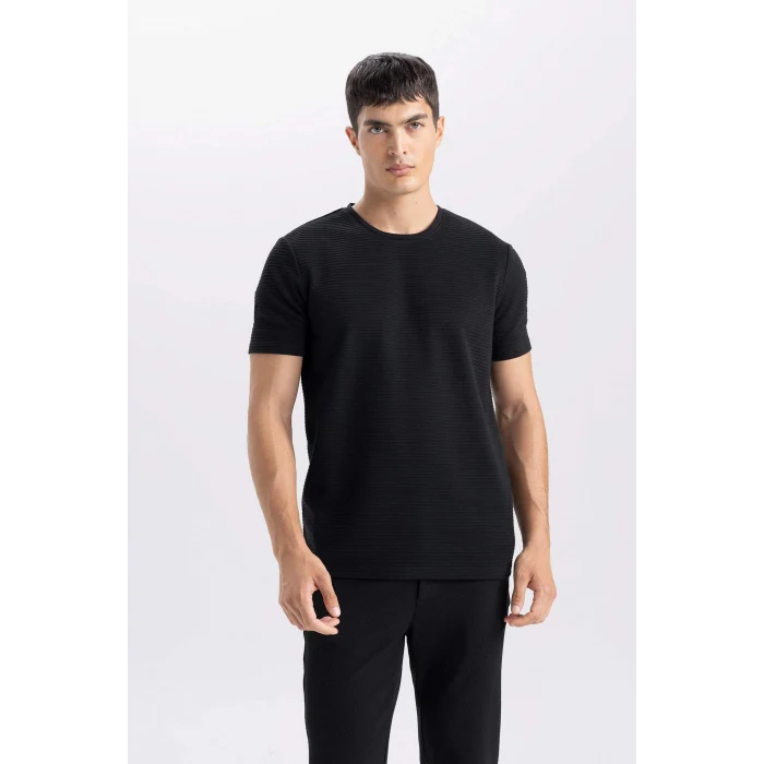 Defacto M6608 Siyah Slim Fit Dar Kesim Bisiklet Yaka Basic Düz Kısa Kollu Tişört