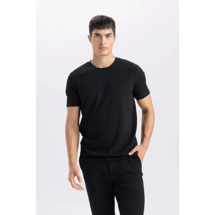 Defacto M6608 Siyah Slim Fit Dar Kesim Bisiklet Yaka Basic Düz Kısa Kollu Tişört