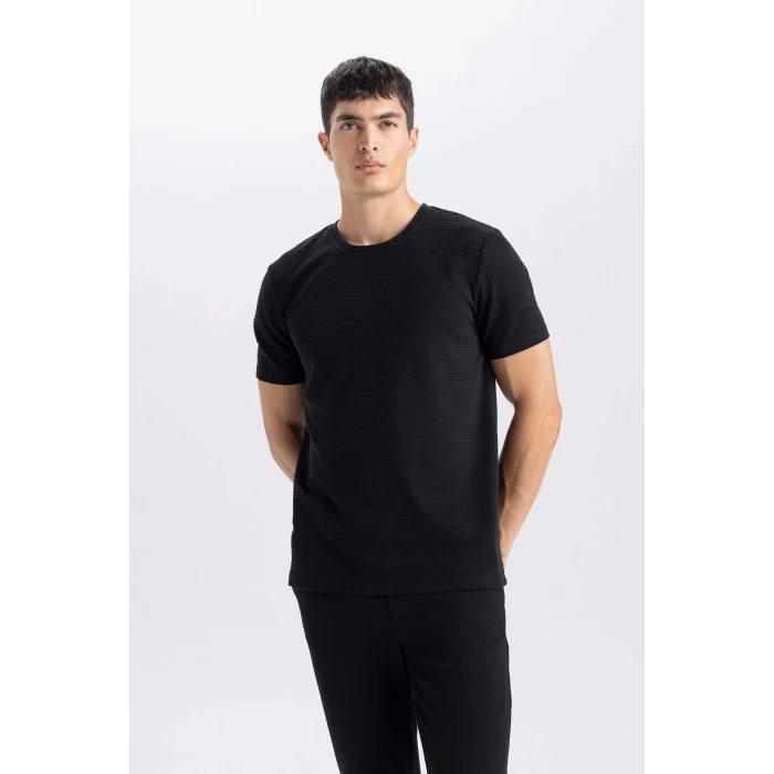 Defacto M6608 Siyah Slim Fit Dar Kesim Bisiklet Yaka Basic Düz Kısa Kollu Tişört
