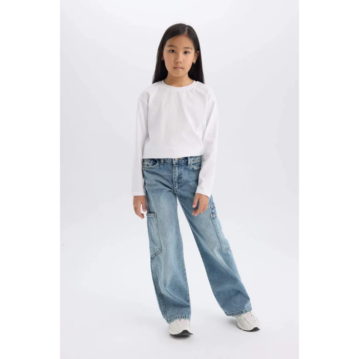 Defacto D7386 Mavi Kız Çocuk Wide Leg Kargo Geniş Paça Jean Pantolon