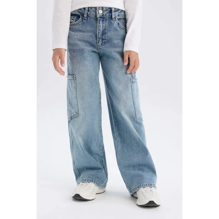 Defacto D7386 Mavi Kız Çocuk Wide Leg Kargo Geniş Paça Jean Pantolon