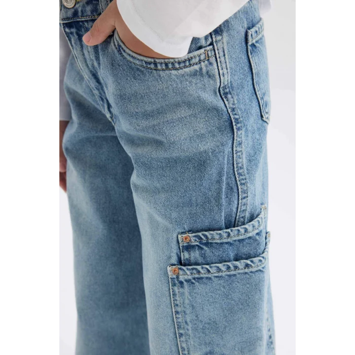 Defacto D7386 Mavi Kız Çocuk Wide Leg Kargo Geniş Paça Jean Pantolon