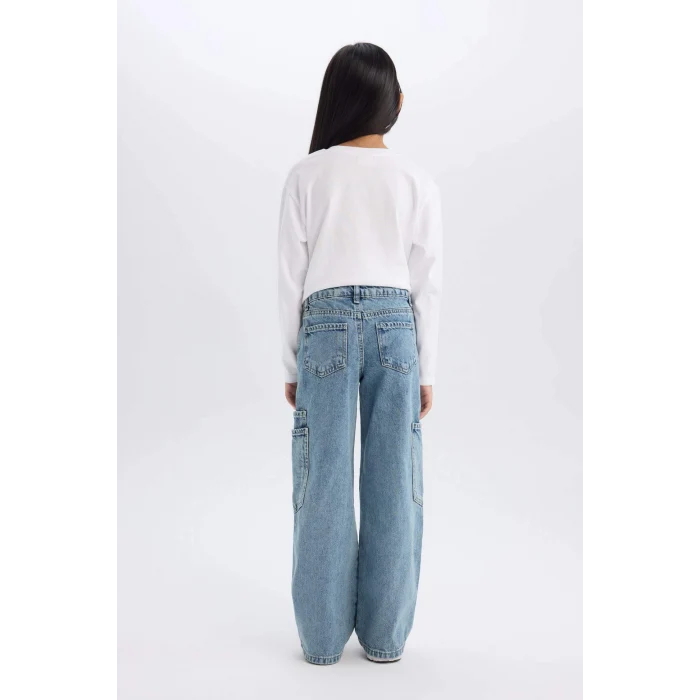 Defacto D7386 Mavi Kız Çocuk Wide Leg Kargo Geniş Paça Jean Pantolon