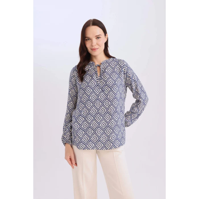 Defacto N1809 İndigo Regular Fit Apaş Yaka Desenli Uzun Kollu Bluz
