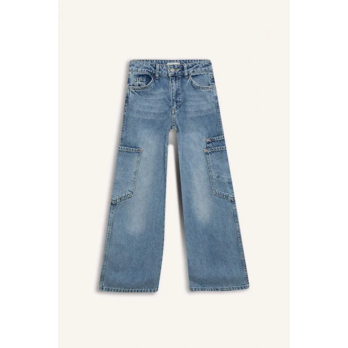 Defacto D7386 Mavi Kız Çocuk Wide Leg Kargo Geniş Paça Jean Pantolon