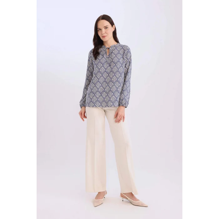 Defacto N1809 İndigo Regular Fit Apaş Yaka Desenli Uzun Kollu Bluz