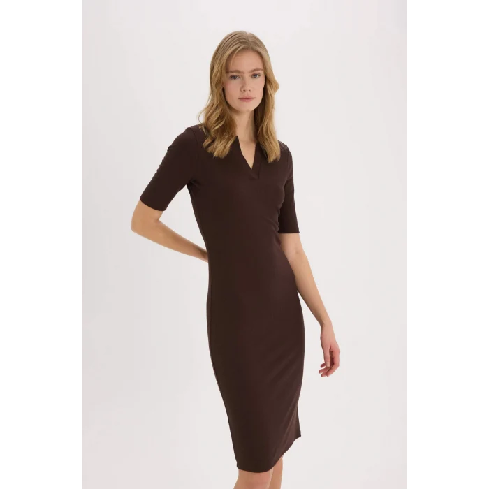 Defacto E6806 Kahve Bodycon Vücudu Saran Polo Yaka Basic Düz Fitilli Kaşkorse Kısa Kollu Midi Elbise