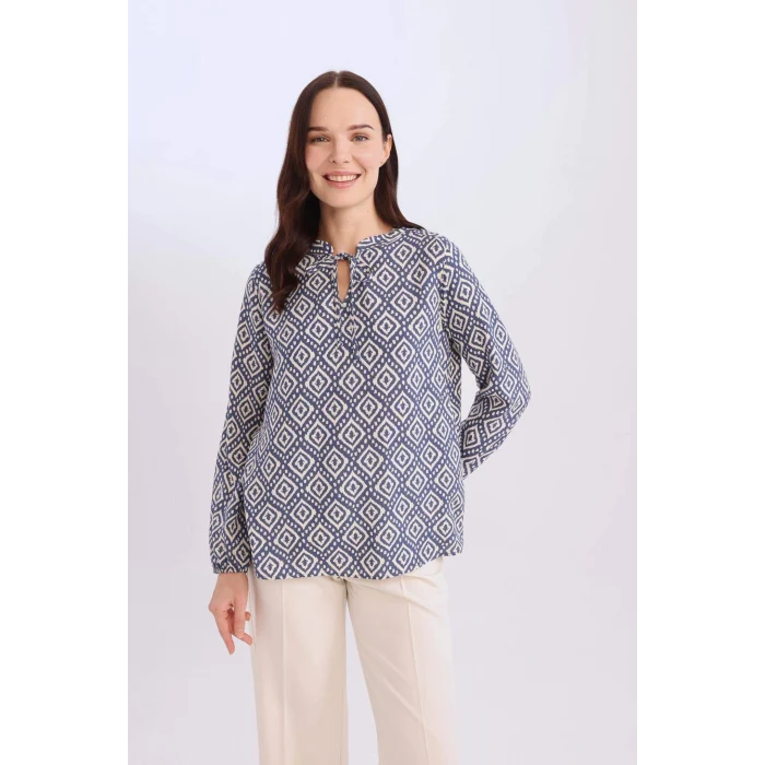 Defacto N1809 İndigo Regular Fit Apaş Yaka Desenli Uzun Kollu Bluz