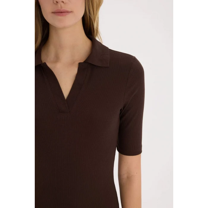 Defacto E6806 Kahve Bodycon Vücudu Saran Polo Yaka Basic Düz Fitilli Kaşkorse Kısa Kollu Midi Elbise