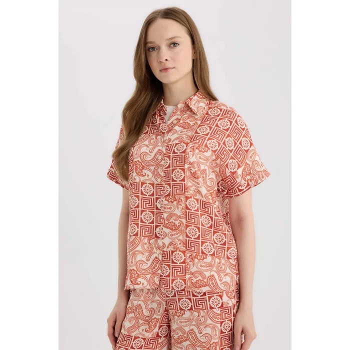 Defacto C9621 Turuncu Regular Fit Desenli Kısa Kollu Gömlek
