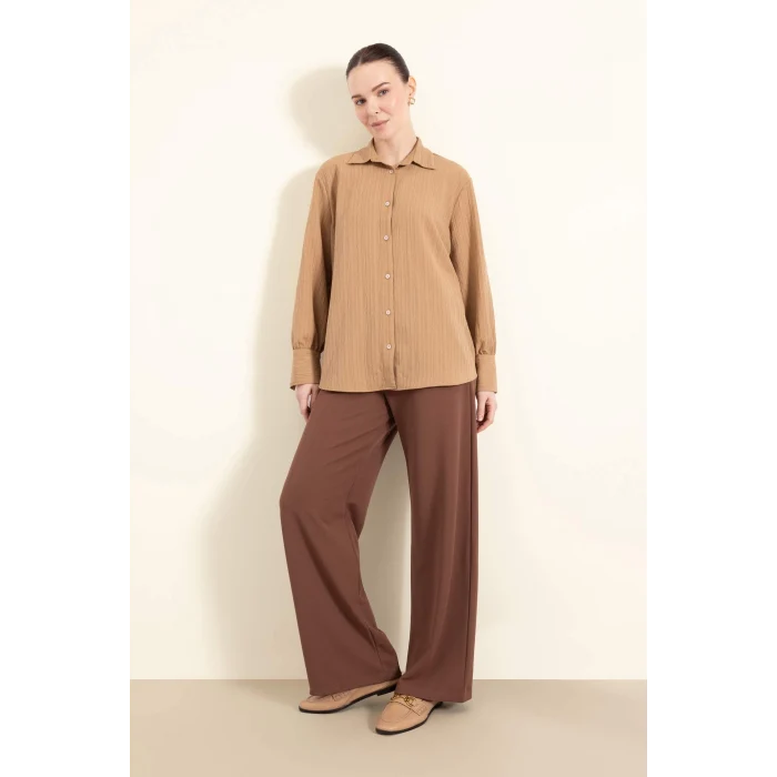 Defacto E1628 Kahve Regular Fit Basic Düz Uzun Kollu Gömlek Tunik