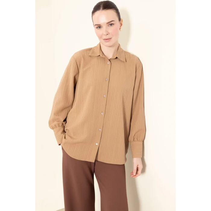Defacto E1628 Kahve Regular Fit Basic Düz Uzun Kollu Gömlek Tunik