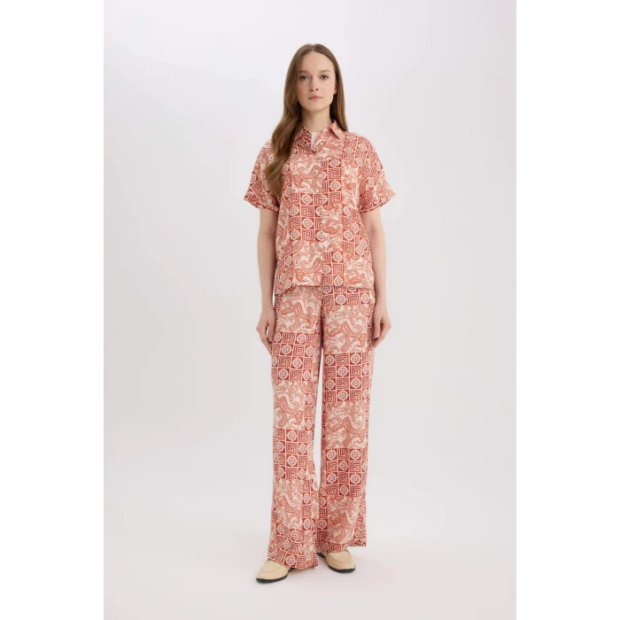 Defacto C9621 Turuncu Regular Fit Desenli Kısa Kollu Gömlek