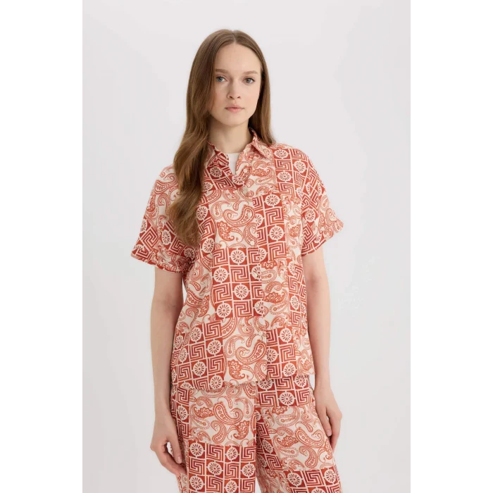 Defacto C9621 Turuncu Regular Fit Desenli Kısa Kollu Gömlek
