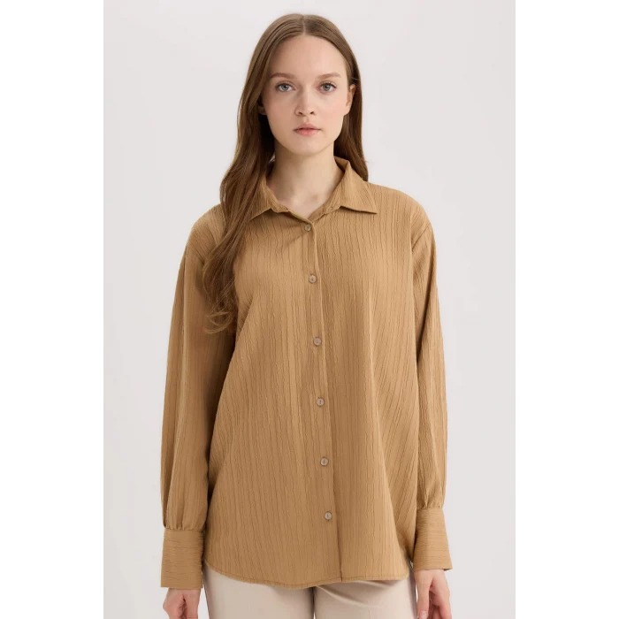 Defacto E1628 Kahve Regular Fit Basic Düz Uzun Kollu Gömlek Tunik