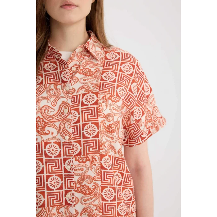 Defacto C9621 Turuncu Regular Fit Desenli Kısa Kollu Gömlek