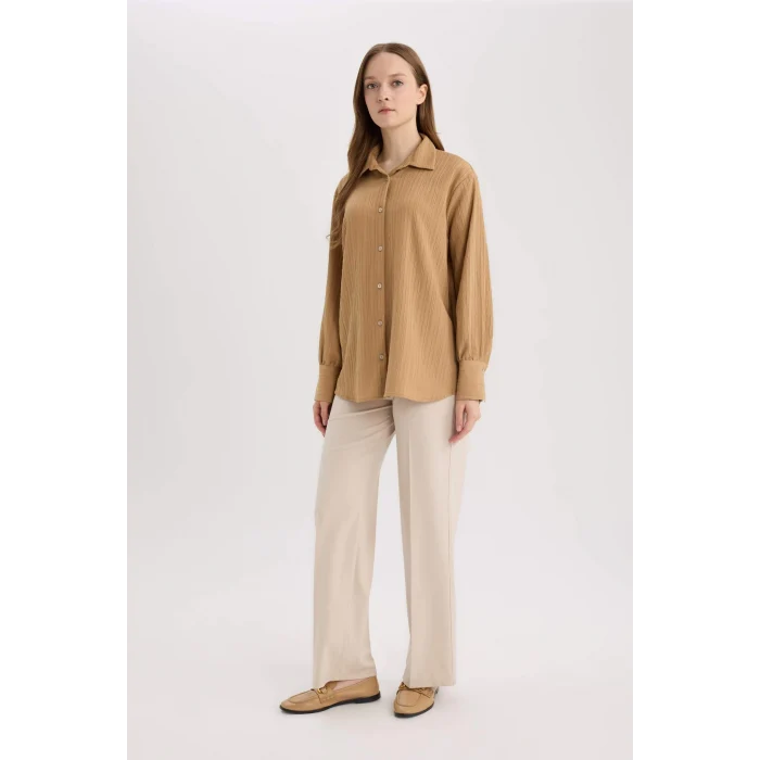 Defacto E1628 Kahve Regular Fit Basic Düz Uzun Kollu Gömlek Tunik