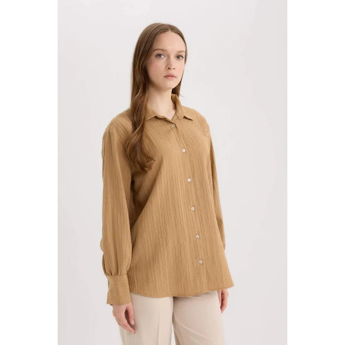Defacto E1628 Kahve Regular Fit Basic Düz Uzun Kollu Gömlek Tunik