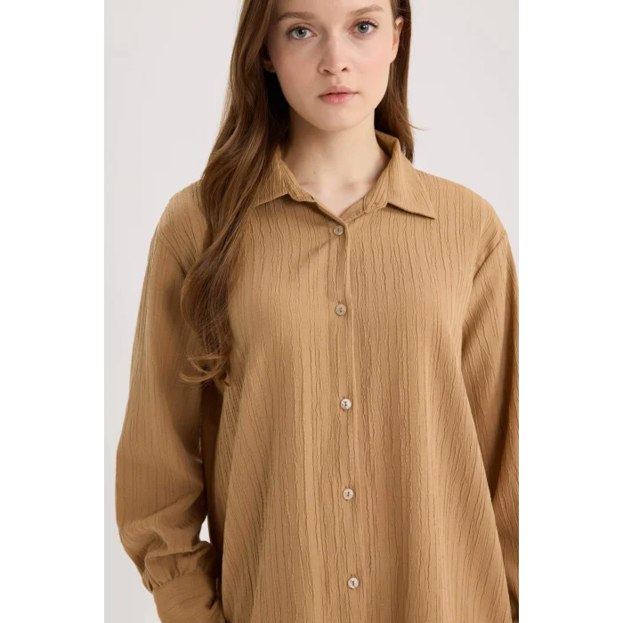 Defacto E1628 Kahve Regular Fit Basic Düz Uzun Kollu Gömlek Tunik
