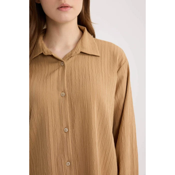 Defacto E1628 Kahve Regular Fit Basic Düz Uzun Kollu Gömlek Tunik
