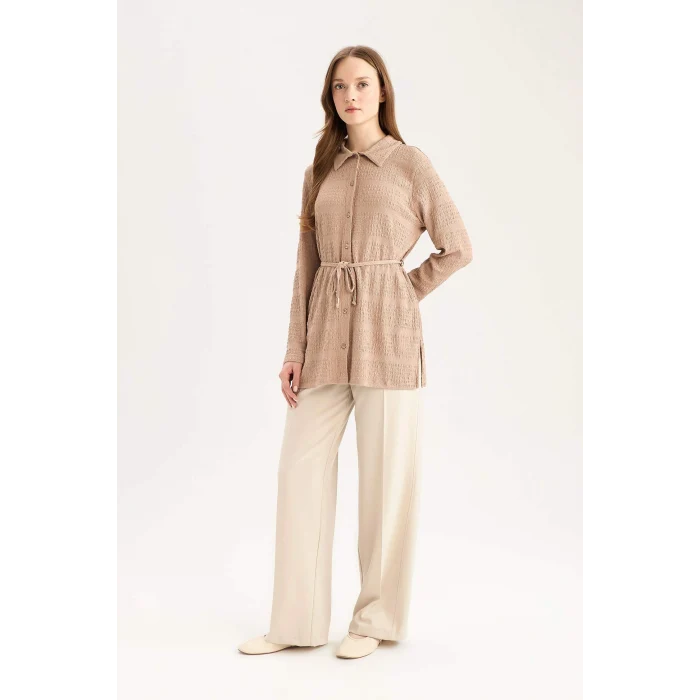 Defacto E1946 Bej Regular Fit Ayarlanabilen Bağcıklı Bürümcük Uzun Kollu Gömlek Tunik
