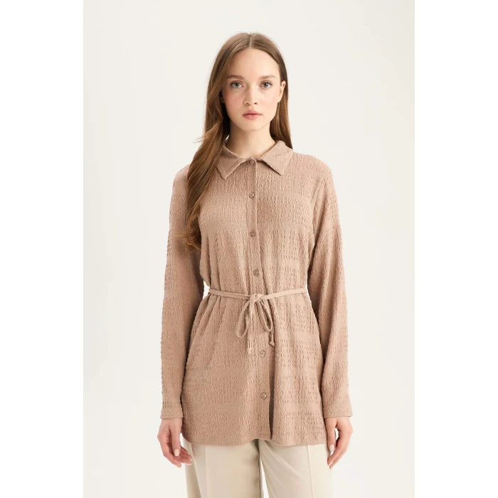 Defacto E1946 Bej Regular Fit Ayarlanabilen Bağcıklı Bürümcük Uzun Kollu Gömlek Tunik