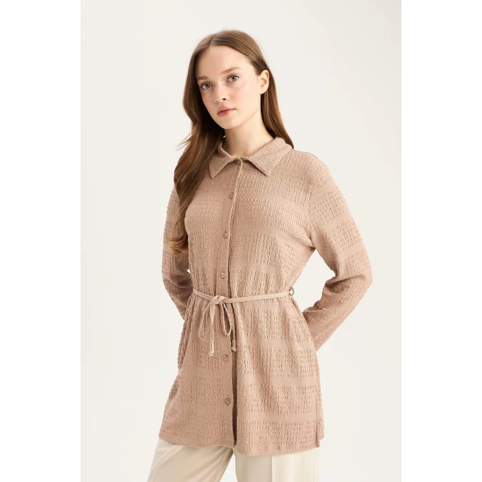 Defacto E1946 Bej Regular Fit Ayarlanabilen Bağcıklı Bürümcük Uzun Kollu Gömlek Tunik