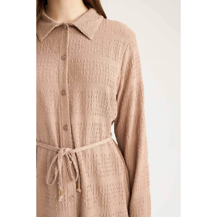 Defacto E1946 Bej Regular Fit Ayarlanabilen Bağcıklı Bürümcük Uzun Kollu Gömlek Tunik