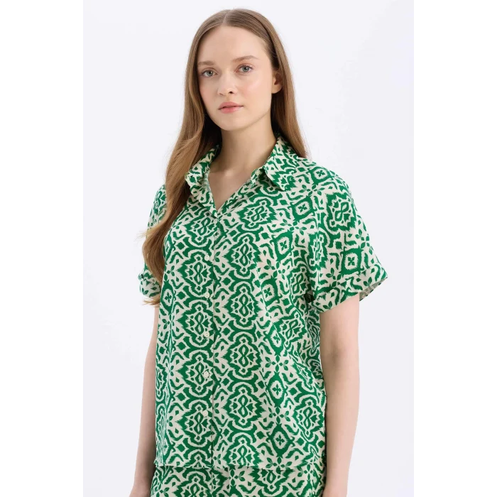 Defacto C9621 Yeşil Regular Fit Desenli Kısa Kollu Gömlek