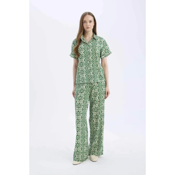 Defacto C9621 Yeşil Regular Fit Desenli Kısa Kollu Gömlek