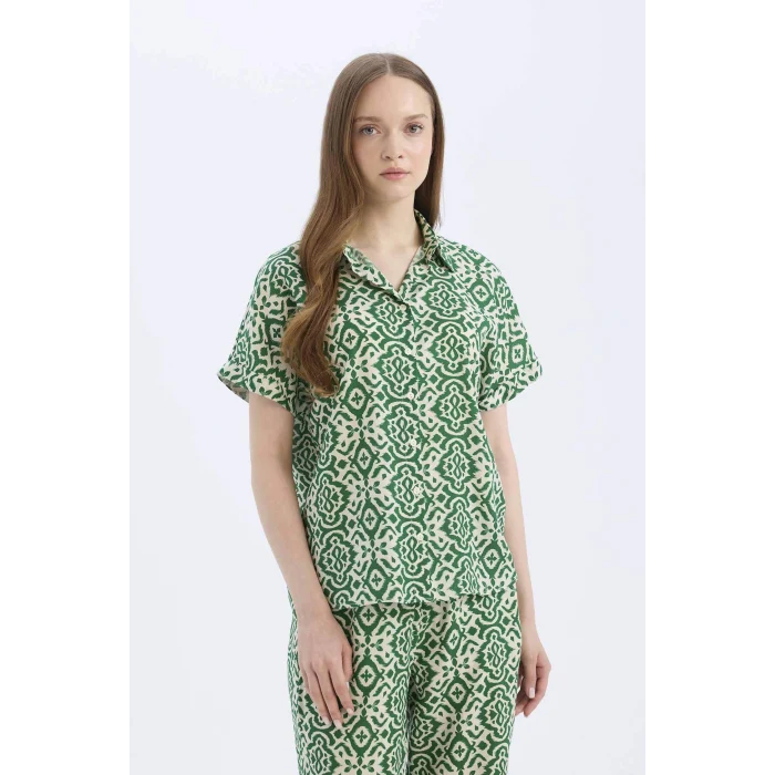 Defacto C9621 Yeşil Regular Fit Desenli Kısa Kollu Gömlek