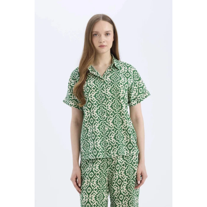 Defacto C9621 Yeşil Regular Fit Desenli Kısa Kollu Gömlek