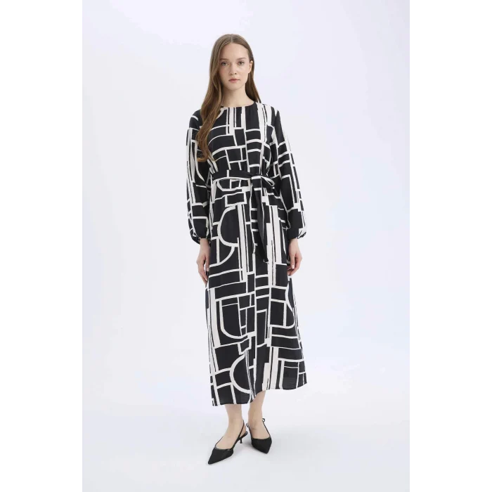 Defacto E5247 Siyah Regular Fit Bisiklet Yaka Desenli Kuşaklı Uzun Kollu Maxi Elbise
