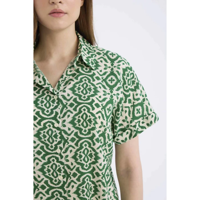 Defacto C9621 Yeşil Regular Fit Desenli Kısa Kollu Gömlek