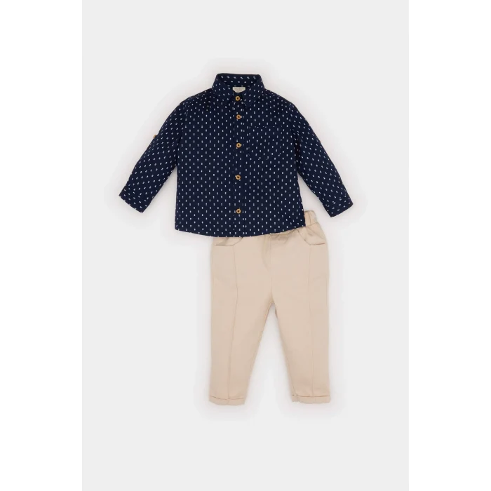 Defacto D9337 Lacivert Erkek Bebek 2li Takım Desenli Gömelk Beli Lastikli Pantolon