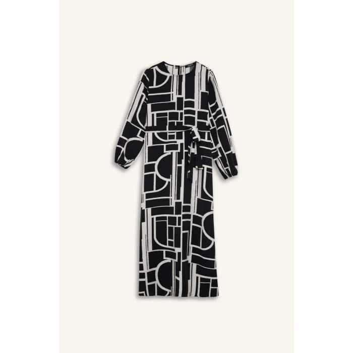 Defacto E5247 Siyah Regular Fit Bisiklet Yaka Desenli Kuşaklı Uzun Kollu Maxi Elbise