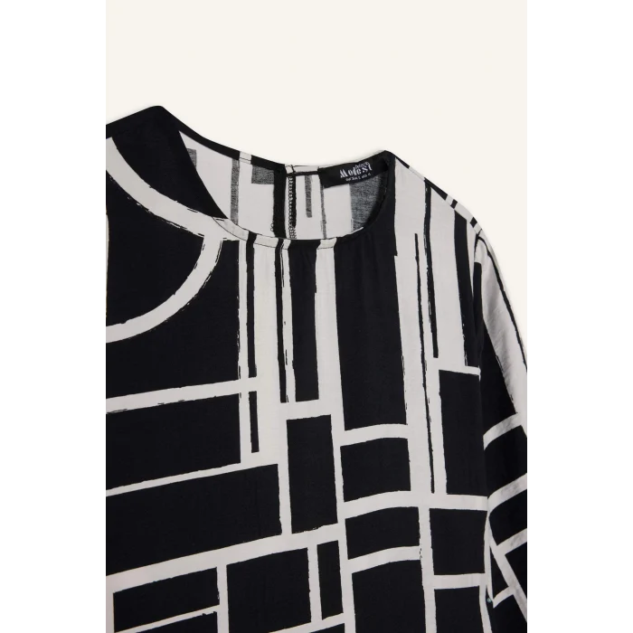 Defacto E5247 Siyah Regular Fit Bisiklet Yaka Desenli Kuşaklı Uzun Kollu Maxi Elbise