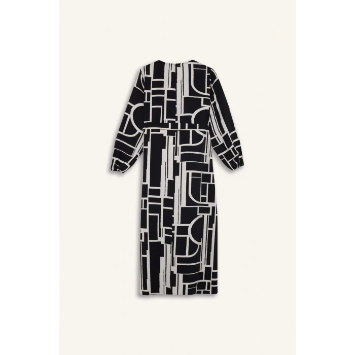 Defacto E5247 Siyah Regular Fit Bisiklet Yaka Desenli Kuşaklı Uzun Kollu Maxi Elbise