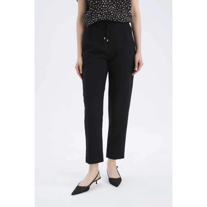 Defacto R0433 Siyah Jogger Pantolon Keten Görünümlü Cepli Yüksek Bel Düz Paça