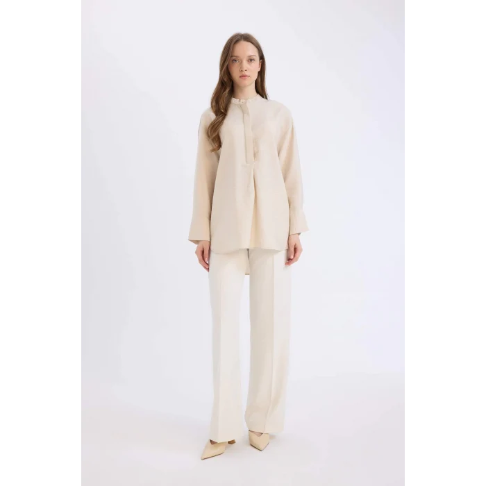 Defacto E1757 Bej Relax Fit Hakim Yaka Basic Düz Uzun Kollu Gömlek Tunik