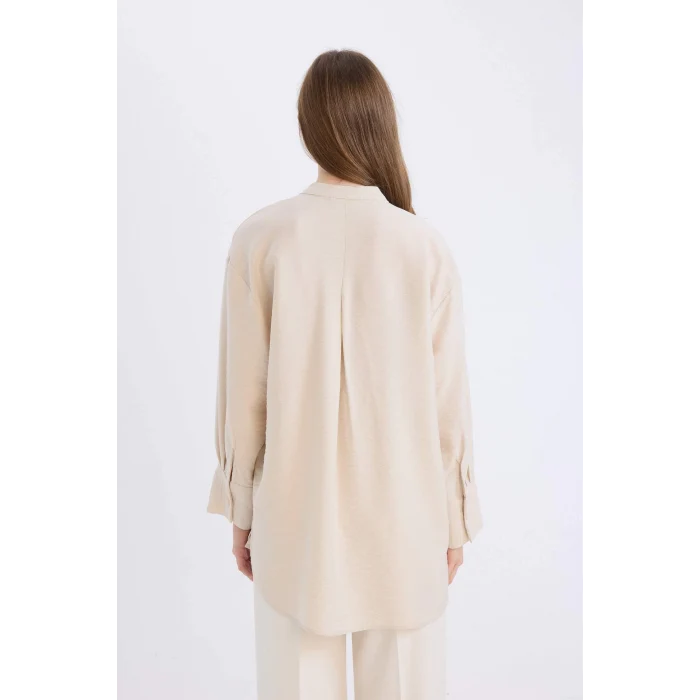 Defacto E1757 Bej Relax Fit Hakim Yaka Basic Düz Uzun Kollu Gömlek Tunik