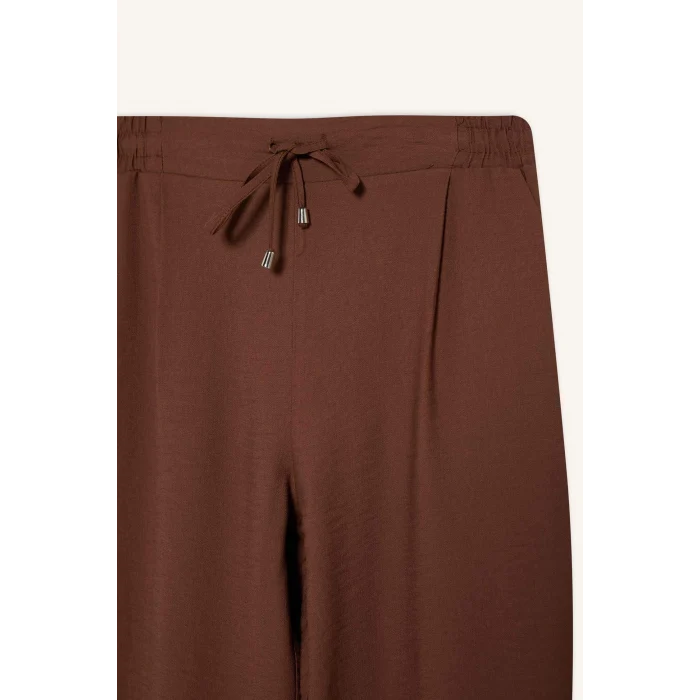 Defacto R0433 Kahve Jogger Pantolon Keten Görünümlü Cepli Yüksek Bel Düz Paça