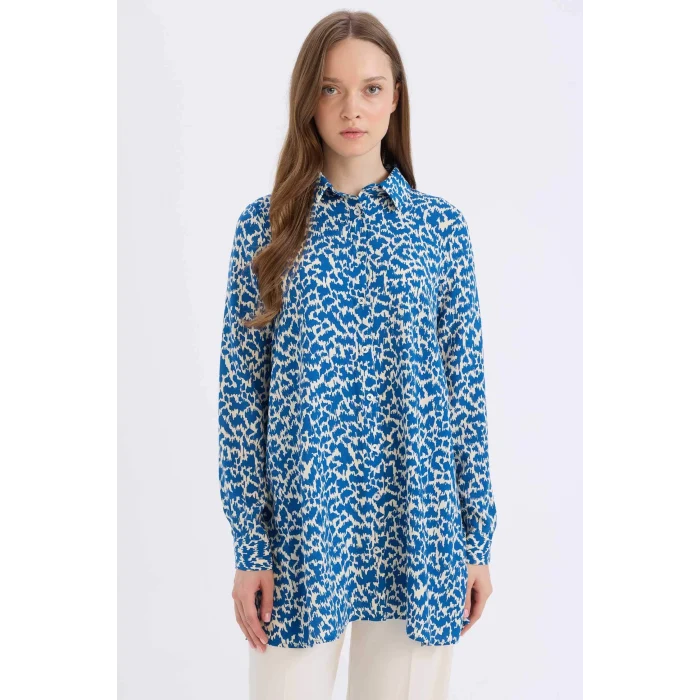 Defacto Z5833 Mavi Regular Fit Desenli Uzun Kollu Gömlek Tunik