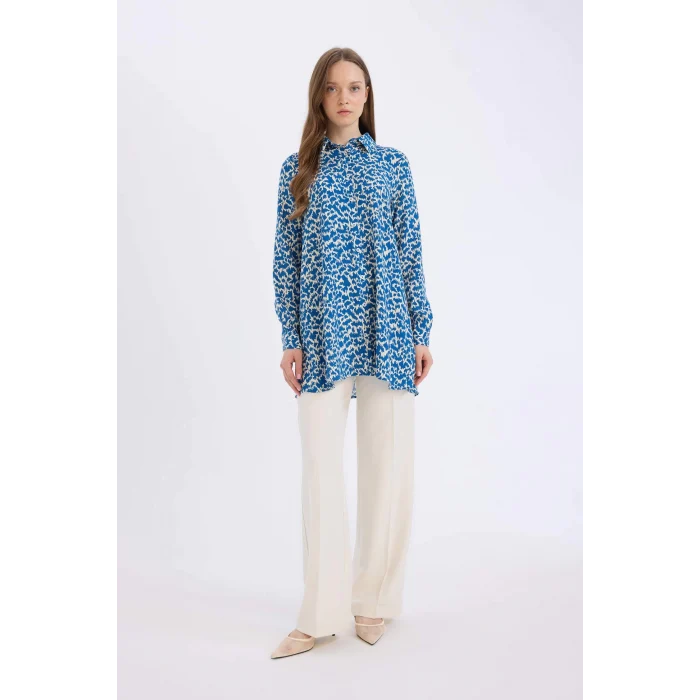 Defacto Z5833 Mavi Regular Fit Desenli Uzun Kollu Gömlek Tunik