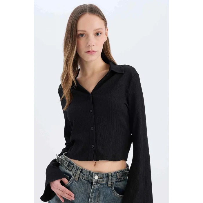 Defacto A0012 Siyah Coool Fitted Basic Düz Bürümcük Uzun Kollu Gömlek