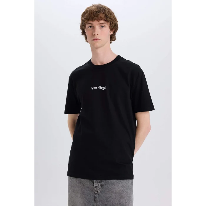 Defacto D5473 Siyah Van Gogh Regular Fit Bisiklet Yaka Sırt Baskılı Kısa Kollu Tişört