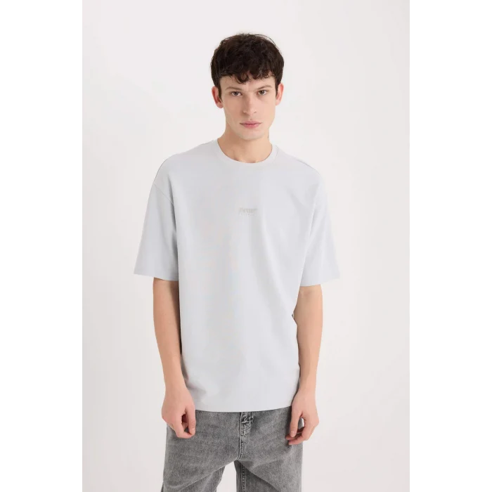 Defacto D9184 Gri Boxy Fit Bisiklet Yaka Baskılı Kısa Kollu Ağır Kumaş Tişört