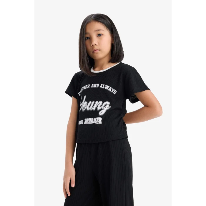 Defacto E0415 Siyah Kız Çocuk 2li Takım Fitilli Kaşkorse Baskılı Kısa kollu Tişört Wide Leg Geniş Bol Paça Pantolon