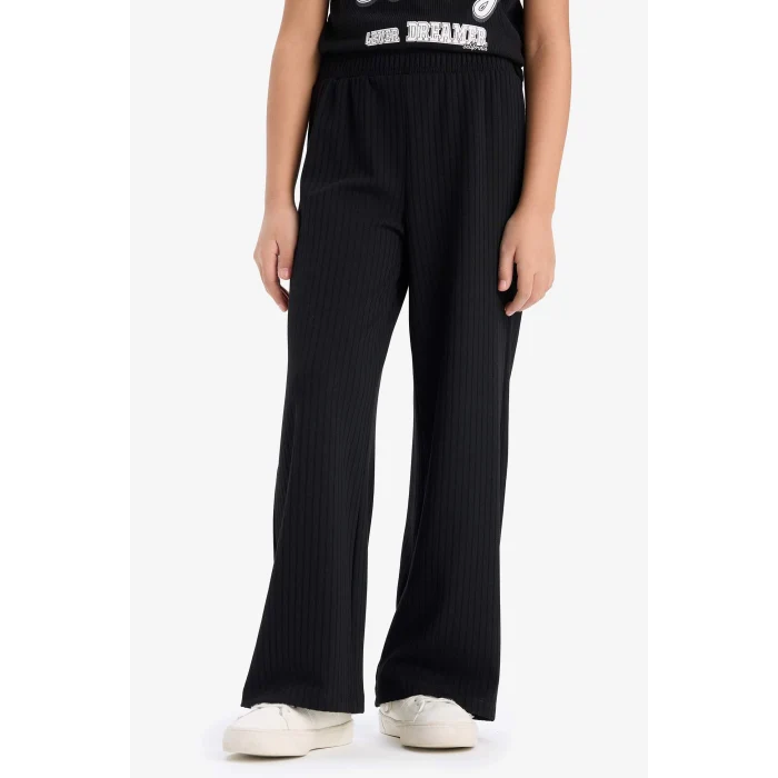 Defacto E0415 Siyah Kız Çocuk 2li Takım Fitilli Kaşkorse Baskılı Kısa kollu Tişört Wide Leg Geniş Bol Paça Pantolon