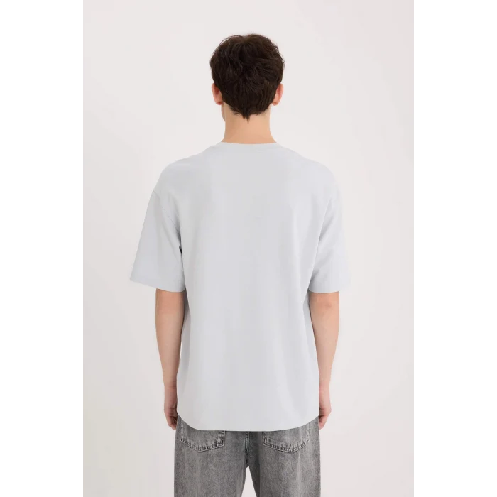 Defacto D9184 Gri Boxy Fit Bisiklet Yaka Baskılı Kısa Kollu Ağır Kumaş Tişört